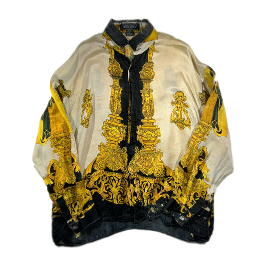 Vintage Silk Button Up Shirt Distressed Guadalupe Gold Links