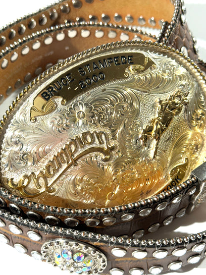 Vintage Western Belt And Buckle Leather 2000 Stampede Champion Rhinestones
