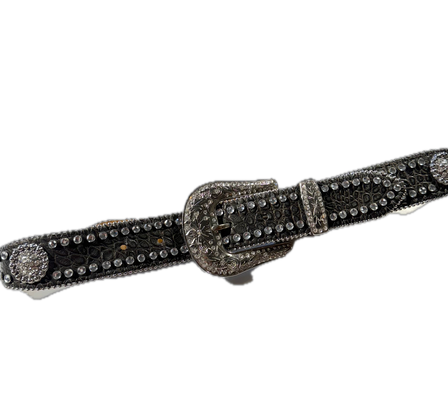 Vintage Western Belt Black Leather Belt Embellished with Crystal Rhinestones and Studs