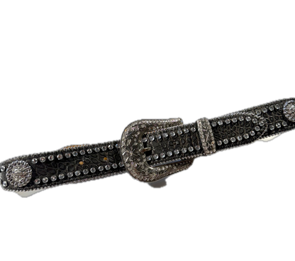 Vintage Western Belt Black Leather Belt Embellished with Crystal Rhinestones and Studs