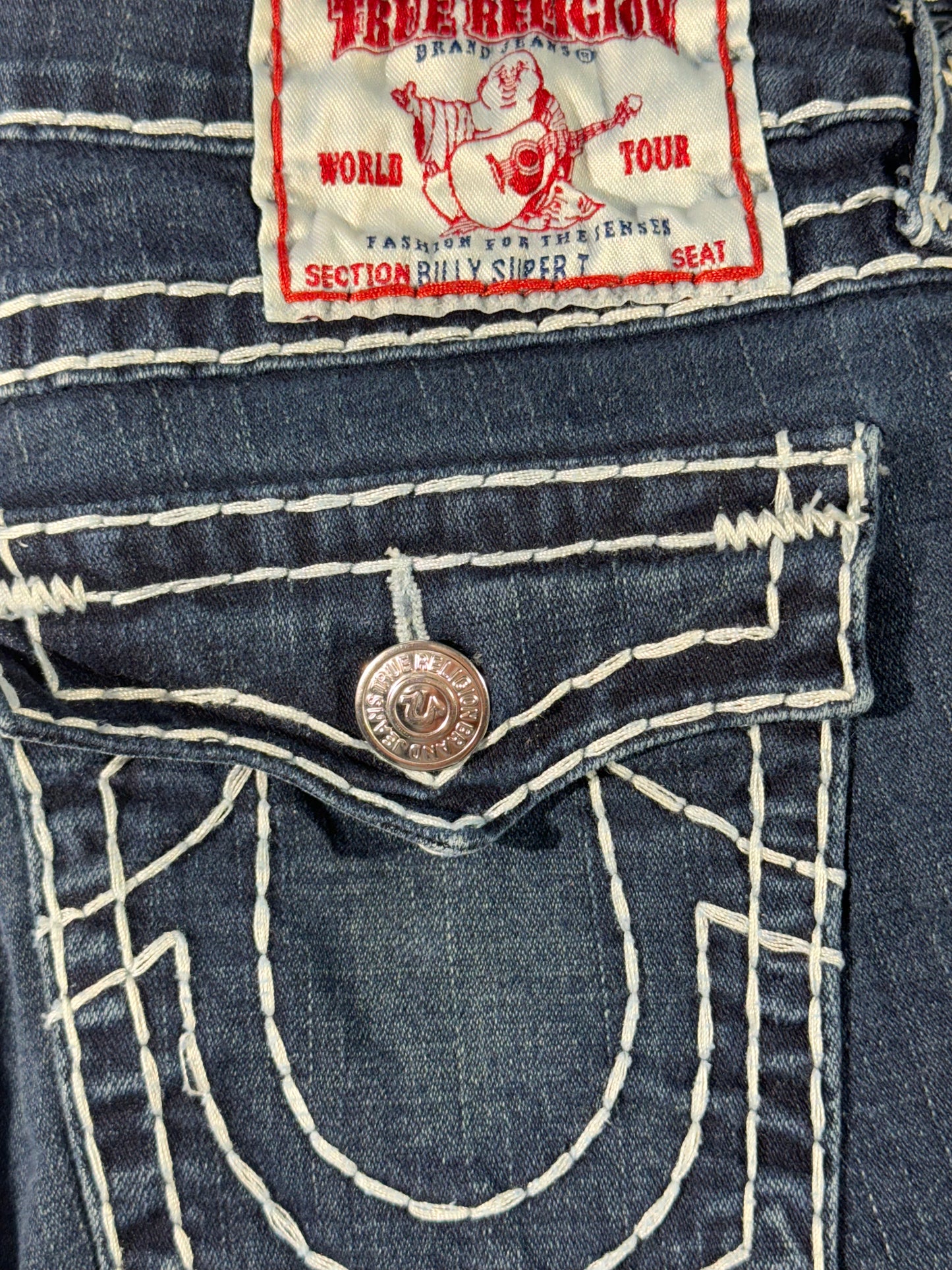 Vintage True Religion Denim Jeans Epic Wash Exposed Contrast Stitching USA Made Billy Super T