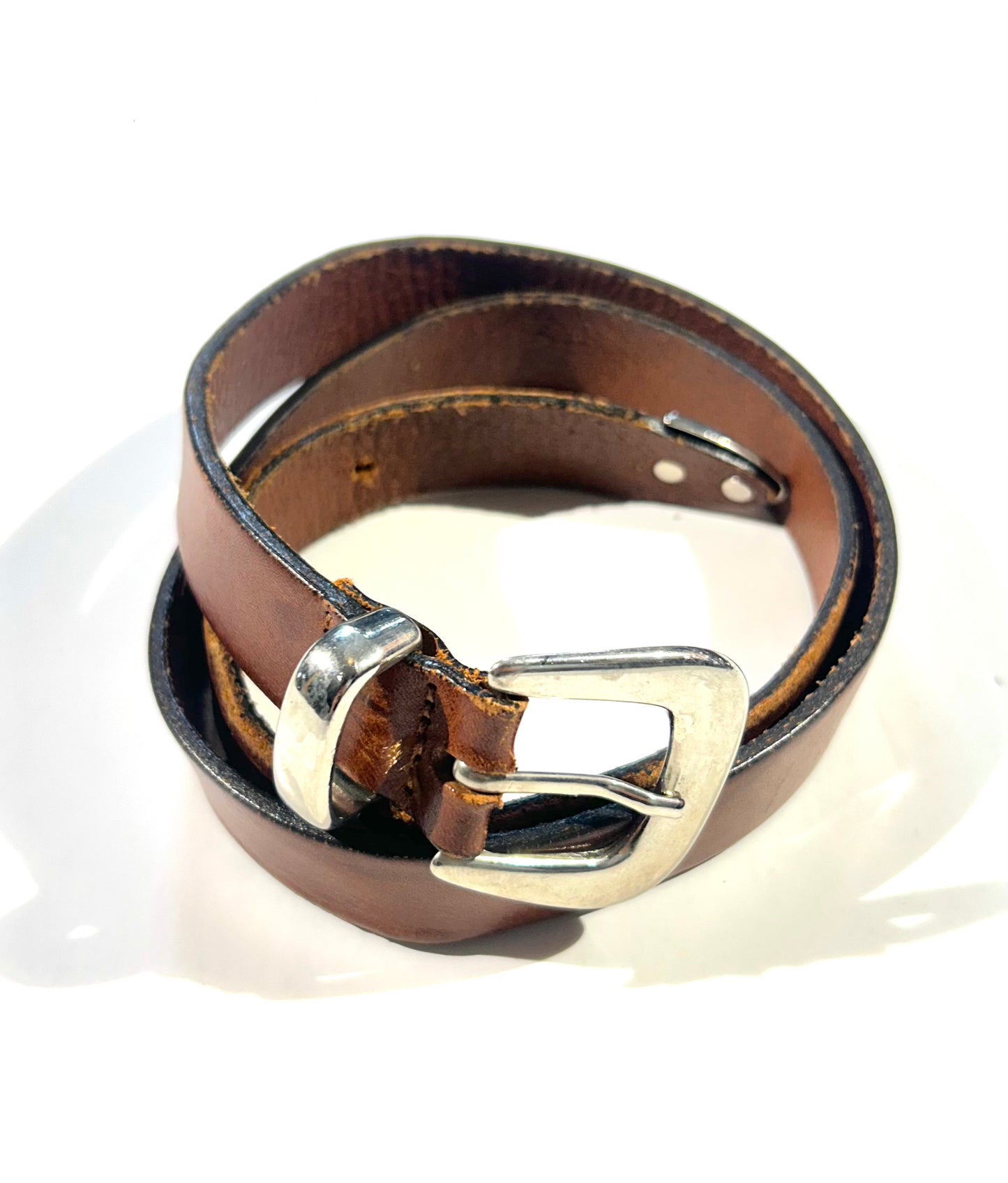 Vintage Brown Leather Belt With Silver Tip