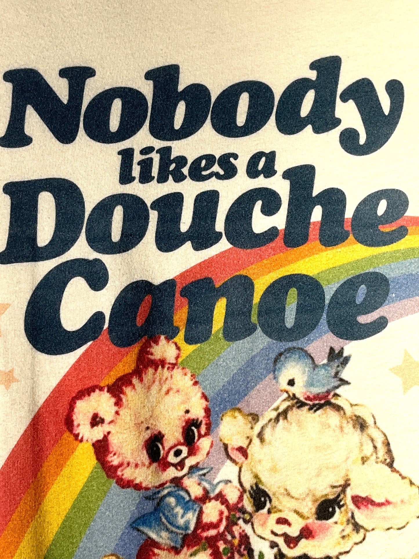 Vintage Nobody Likes A Douche Canoe T-Shirt Slogan Rainbow