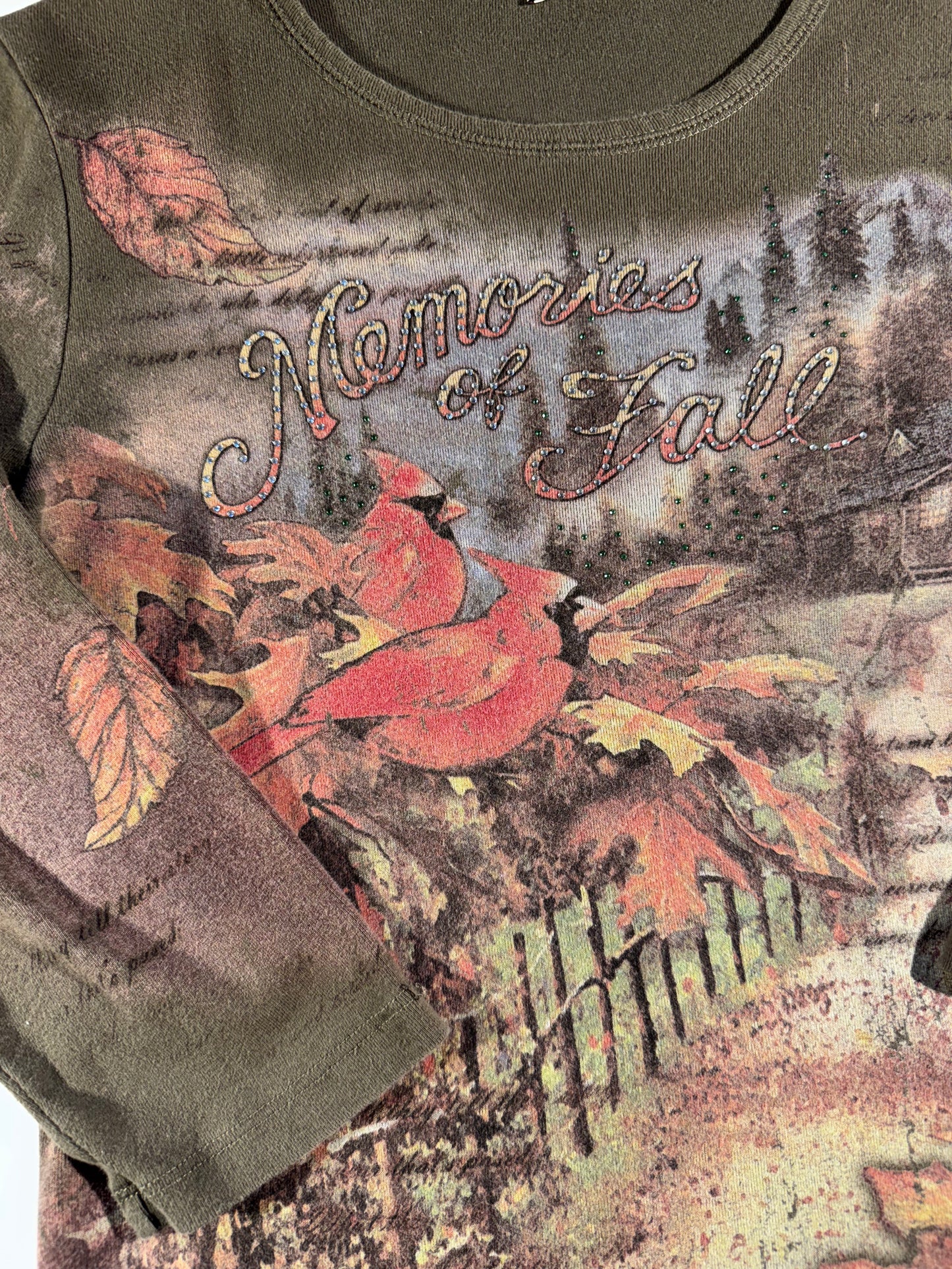 Vintage Memories Of Fall T-Shirt 3/4 Sleeve Top Y2K All Over Print Cabin Leaves Outdoor