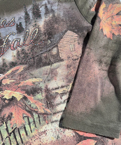 Vintage Memories Of Fall T-Shirt 3/4 Sleeve Top Y2K All Over Print Cabin Leaves Outdoor