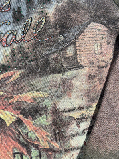 Vintage Memories Of Fall T-Shirt 3/4 Sleeve Top Y2K All Over Print Cabin Leaves Outdoor