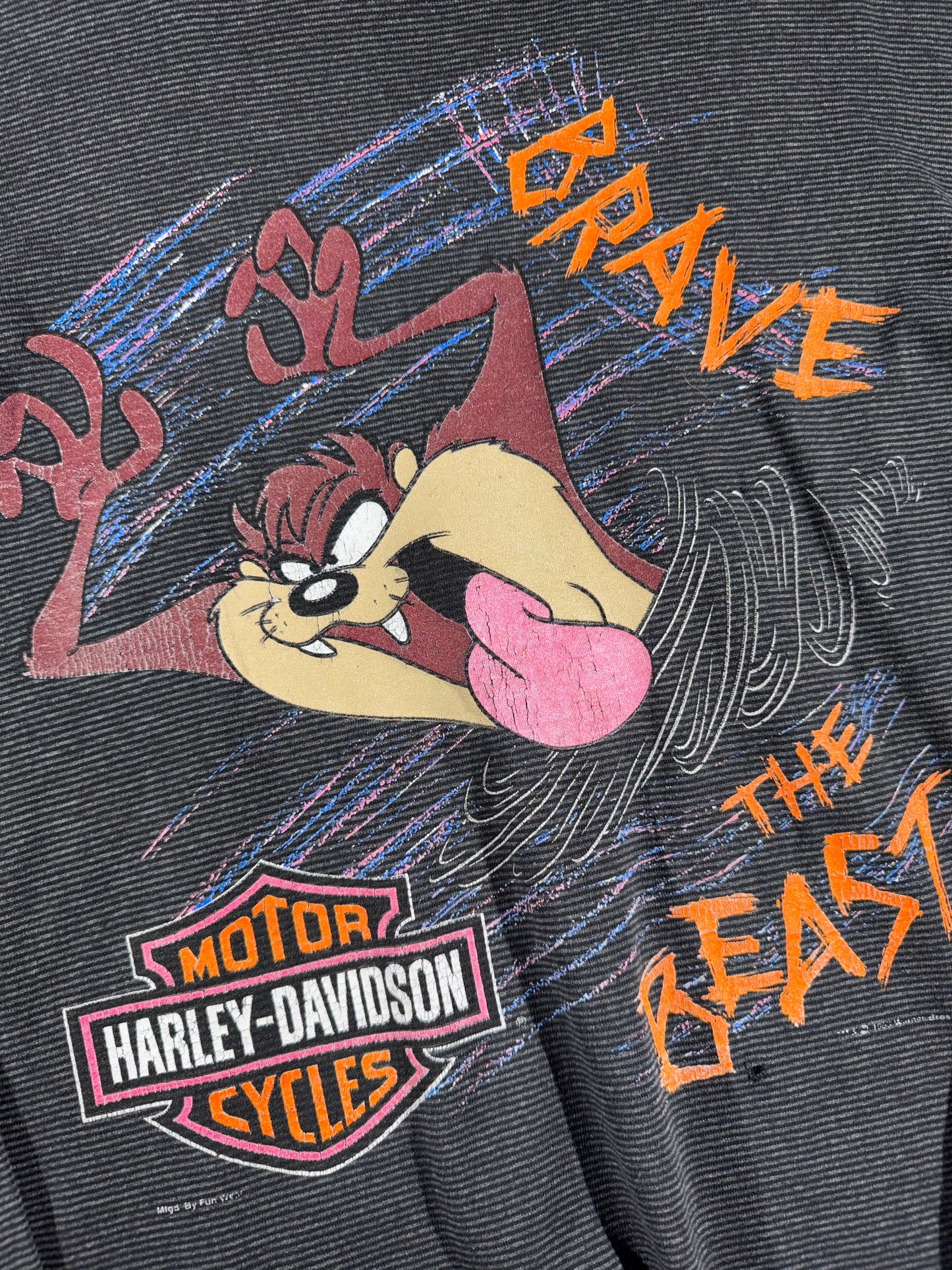 RARE Vintage 1993 Harley Davidson T-Shirt Long Sleeve Big Collar Tasmania Devil Taz BRAVE THE BEAST Shirt Large USA Made