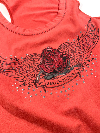 Vintage Harley Davidson Tank Top Bedazzled Embroidered Rose