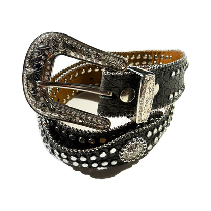 Vintage Western Belt Black Leather Belt Embellished with Crystal Rhinestones and Studs