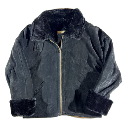 Vintage Black Shearling Leather Jacket Suede Winter Coat