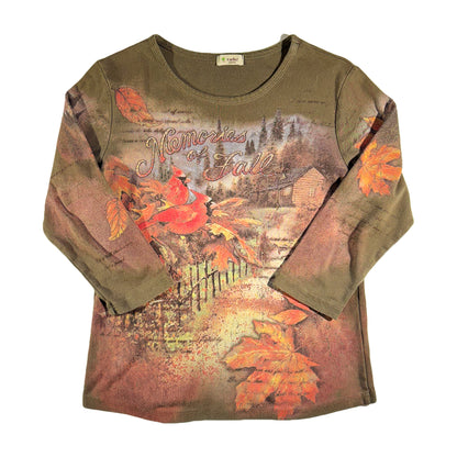 Vintage Memories Of Fall T-Shirt 3/4 Sleeve Top Y2K All Over Print Cabin Leaves Outdoor