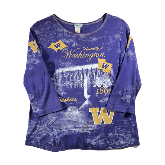 Vintage University Of Washington T-Shirt 3/4 Sleeve Top Football Huskies USA Made