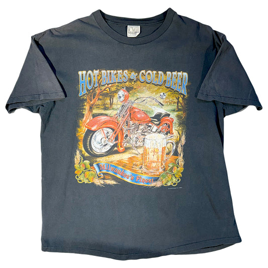 Vintage Biker T-Shirt SO GOOD Hot Bikes & Cold Beer 90's Wyoming Single Stitch